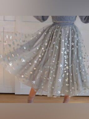 Lirika Matoshi Gray Tule Sequins Star Midi Skirt M